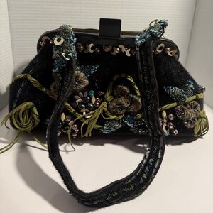 Rare*Mary Frances Black and Green Embellished Shoulder Bag